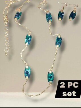 blue green shelled resin acrylic elegant station necklace with earrings goldtone